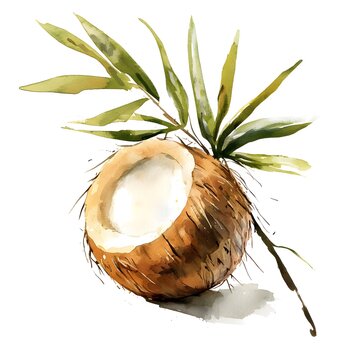 watercolor coconut with green leaves clip art preview