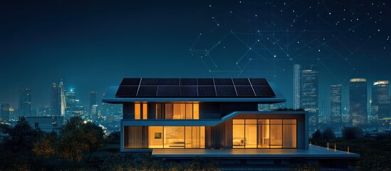 Obraz premium Modern Smart Home at Night with Solar Panels Cityscape