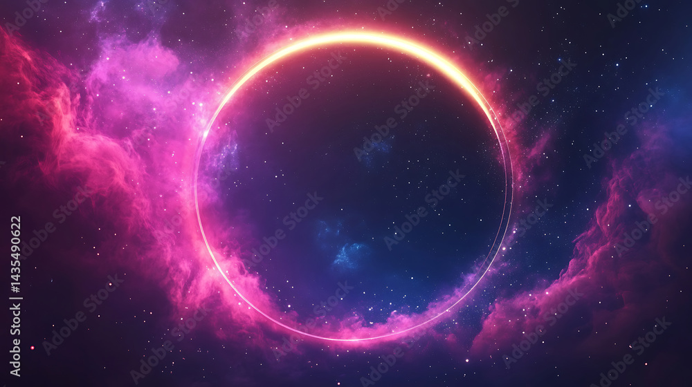 Aufkleber cosmic eclipse in nebula cloudscape background space with glowing circle and stars generative ai art