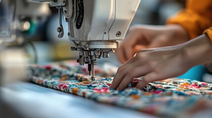 Close-up view of skillful hands operating a modern industrial sewing machine.