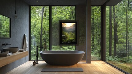 Modern Bathroom with Smart Mirror Displaying Health Metrics