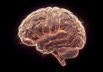 Glowing Orange Digital Brain Circuitry on Dark Background