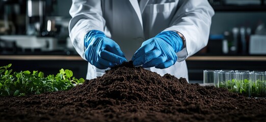 Scientist examines soil sample with seedlings