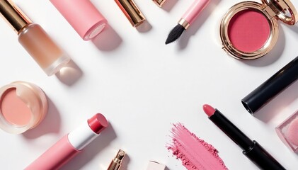 Obraz premium Luxury cosmetics arranged on white background, makeup, shine