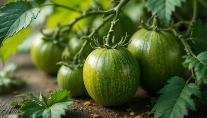 Green Tomatoes on the Vine: A Rustic, Vibrant Still Life
