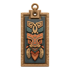 Ornate Wooden Tribal Mask with Rope Hanging and Transparent Background