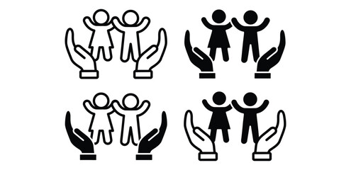 Icon of Two Children Held by Protective Hands Black and White Color Vector Design