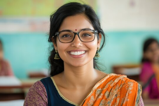 A smiling young Indian woman in glasses and a vibrant orange sari, possibly a student or teacher.