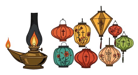 Collection of Vintage Oil Lamps and Asian-Style Lanterns Decorative Illustrations