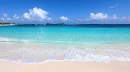 Obraz premium Beautiful sunny beach with clear turquoise water and fluffy clouds