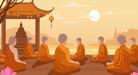 Fototapeta premium Serene Buddhist Monks Meditating at Sunrise by the Lake