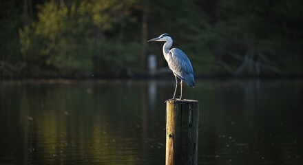 Gray heron perched on post in calm water