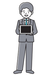 タブレット端末を持って画面を見せるビジネスマンの正面向きベクターイラスト