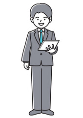 タブレット端末を持って仕事をするビジネスマンの正面向きベクターイラスト