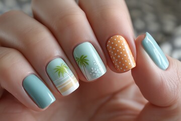 Bright summer manicure with palm tree images, stripes, and white dots on blue, white, and orange nails against a woman's hand background, symbolizing vacation, tropics, and a joyful mood