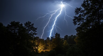 Night lightning storm over trees stock image