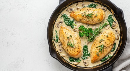 Creamy garlic herb chicken with mushrooms and spinach in skillet for culinary inspiration