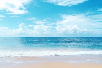 Fototapeta premium Beautiful tropical beach with blue sky and white clouds abstract texture background. Copy space of summer vacation and holiday business travel concept. Vintage tone filter effect color style.