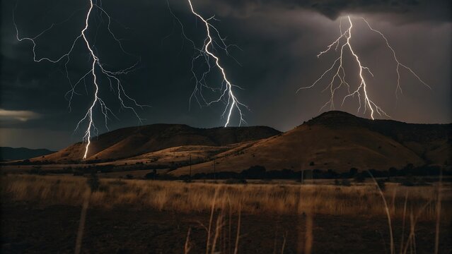 A da rk blue pre storm sky with thick, hea vy ra in clouds covering the entire scene. Two bright white lightning bolts strike down towa rds the da rk ground