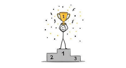 Joyful Stick Figure Triumph: Celebrating Victory with Golden Trophy