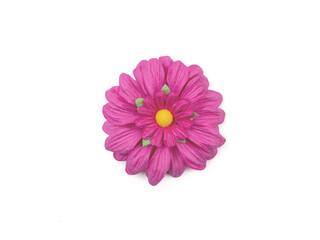 Festival card design ideas. A vibrant artificial daisy flower with bright pink petals and a sunny yellow center isolated on a white background..