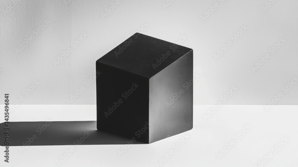 Poster a black cube with a triangular base sits on a white surface.