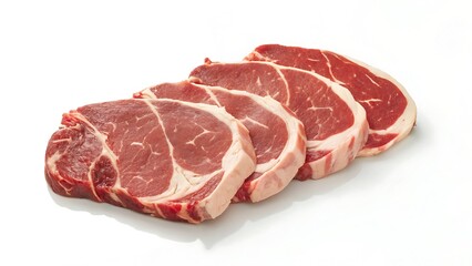 Raw ribeye steaks laid side by side on a dark wooden board accented with fresh herbs — Chuletas de costilla crudas colocadas lado a lado sobre tabla de madera oscura con hierbas frescas.

