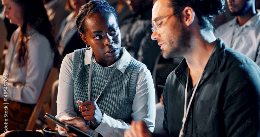 Poster business people, audience and talking with tablet at convention for corporate training or learning. 