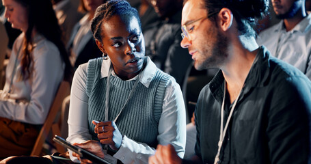 Business people, audience and talking with tablet at convention for corporate training or learning. Finance expo, group and forum speech at team building event for career development and networking
