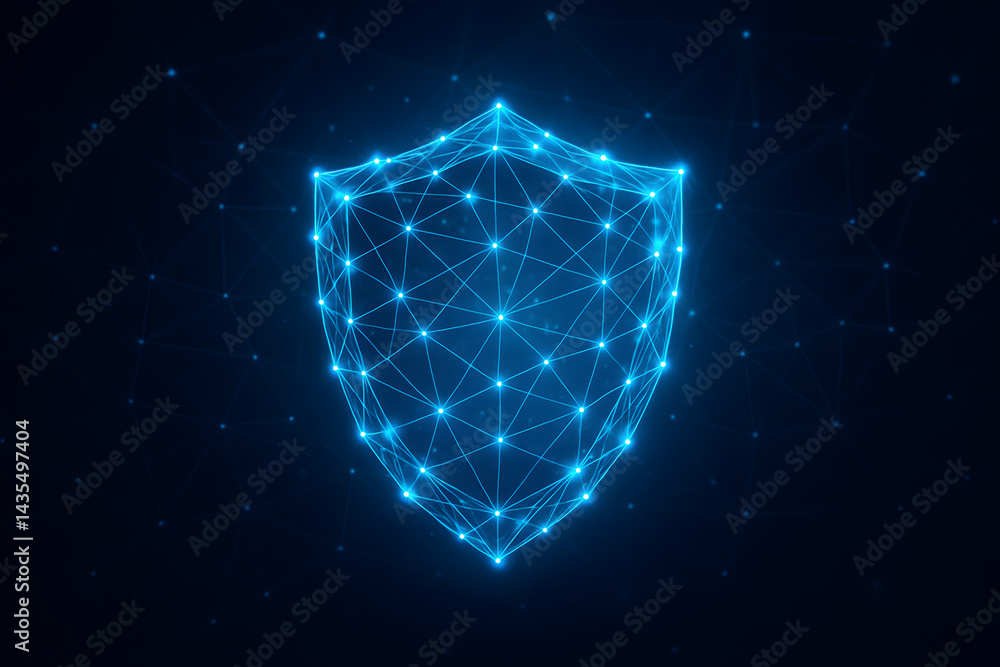 Poster digital security shield: a glowing blue, digital shield, composed of connected lines and nodes, conv