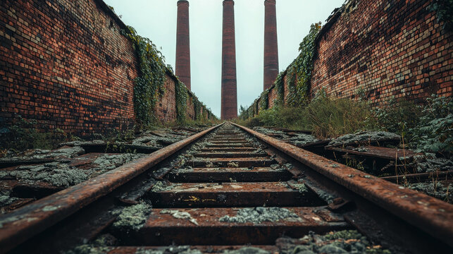 Abandoned Railway Tracks Leading to Industrial Chimneys in a Desolate Landscape - Powered by Adobe