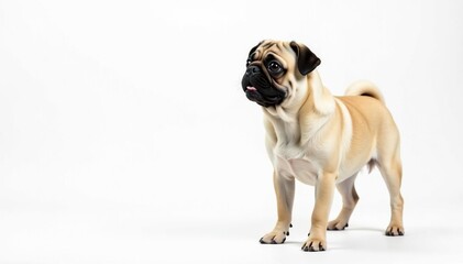 Playful pug, standing, gazing, pure white backdrop, animal, playful, closeup
