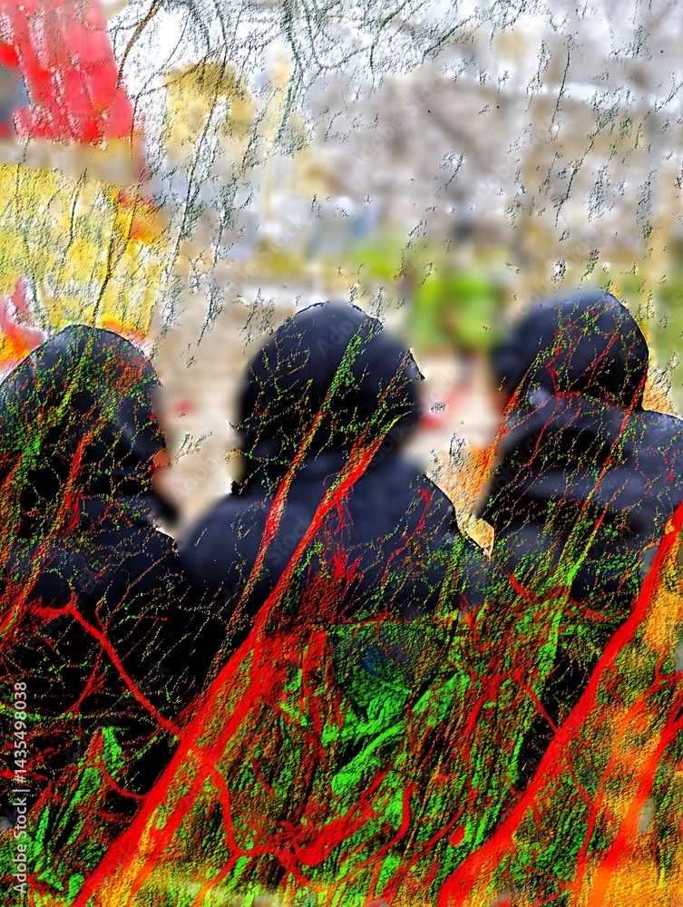 Poster abstract image of three figures through a red and green overlay