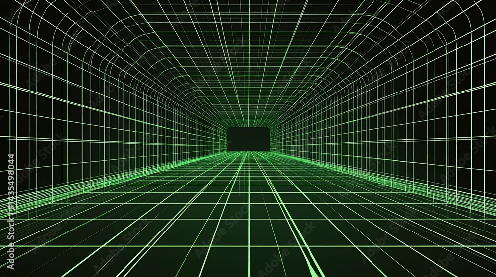 Poster abstract green glowing digital tunnel with grid lines and dark background