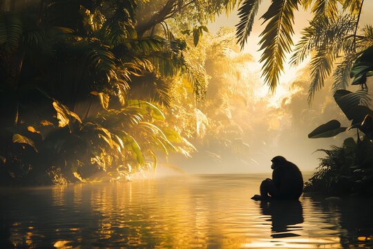 A monkey sits at the edge of a body of water in a lush jungle with golden light shining through