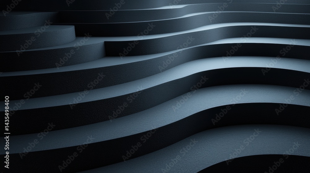 Poster a 3d rendering of a series of curved, dark gray platforms stacked on top of each other.