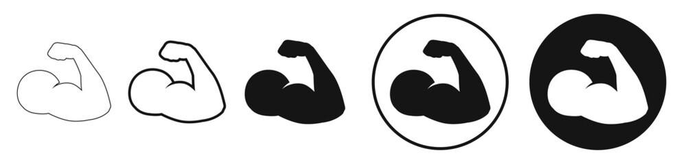 Muscle Arm Bicep Icons set Outline, Solid, Circle Styles