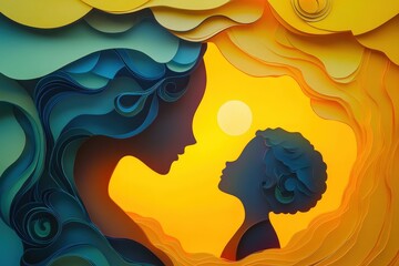 Layered paper art of a mother and child embracing.