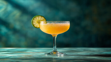 Orange cocktail decorated with a lime in a cocktail glass, on a blue background