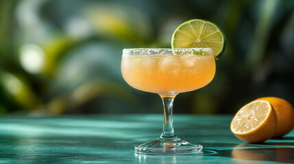 Orange cocktail decorated with a lime in a cocktail glass, on a blue background