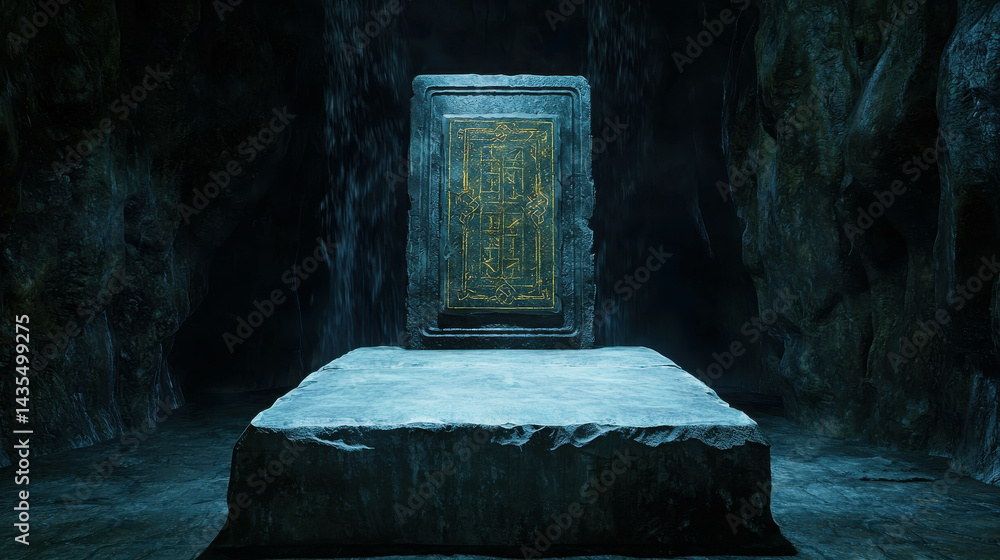 Poster ancient stone tablet in dark cave setting with mysterious glow and intricate symbols