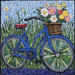 Fototapeta premium Blue Bicycle Mosaic with Flower Basket in Grassy Field