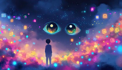 Obraz premium Boy gazes at giant eyes amidst vibrant, digital nebula