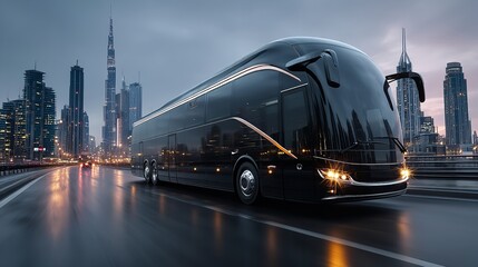 Naklejka premium Black luxury modern bus driving fast on highway with city skyline and blue sky in the background, motion blur concept