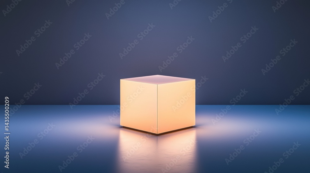 Poster a cube-shaped light source casting a warm glow on a blue surface.