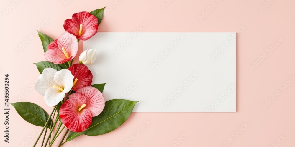 Poster bright and vibrant tropical flowers arrangement with empty space for custom text or design
