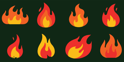 Eight stylized cartoon vector flames in shades of red and orange.
