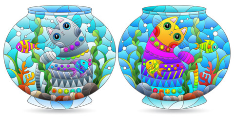 A set of stained glass illustrations with cats and an aquarium, animals isolated on a white background