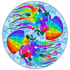 A stained glass illustration with an abstract jellyfishes in flowers on a water background, oval image © Zagory