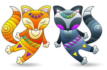 A set of stained glass illustrations with cute cartoon foxes, animals isolated on a white background